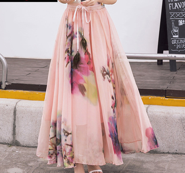 Peacock Feather Faux Silk Elastic Waist Big Bottom Printed Bohemia Skirt Women Full Long Chiffon Skirt - CelebritystyleFashion.com.au online clothing shop australia
