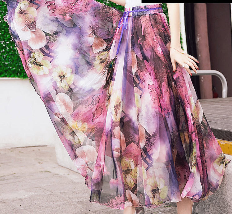 Peacock Feather Faux Silk Elastic Waist Big Bottom Printed Bohemia Skirt Women Full Long Chiffon Skirt - CelebritystyleFashion.com.au online clothing shop australia