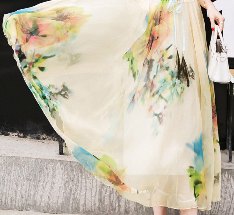 Peacock Feather Faux Silk Elastic Waist Big Bottom Printed Bohemia Skirt Women Full Long Chiffon Skirt - CelebritystyleFashion.com.au online clothing shop australia