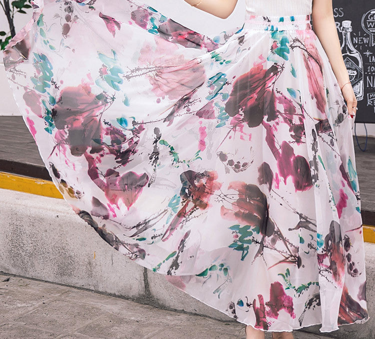Peacock Feather Faux Silk Elastic Waist Big Bottom Printed Bohemia Skirt Women Full Long Chiffon Skirt - CelebritystyleFashion.com.au online clothing shop australia