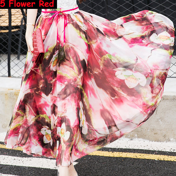 Peacock Feather Faux Silk Elastic Waist Big Bottom Printed Bohemia Skirt Women Full Long Chiffon Skirt - CelebritystyleFashion.com.au online clothing shop australia