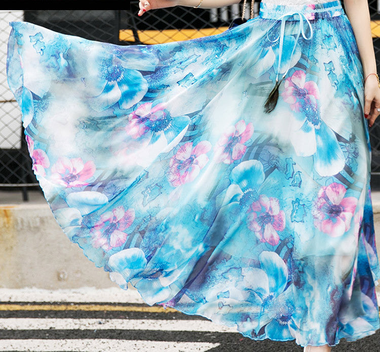 Peacock Feather Faux Silk Elastic Waist Big Bottom Printed Bohemia Skirt Women Full Long Chiffon Skirt - CelebritystyleFashion.com.au online clothing shop australia