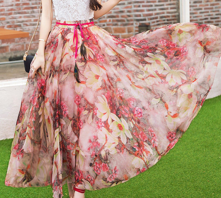 Peacock Feather Faux Silk Elastic Waist Big Bottom Printed Bohemia Skirt Women Full Long Chiffon Skirt - CelebritystyleFashion.com.au online clothing shop australia