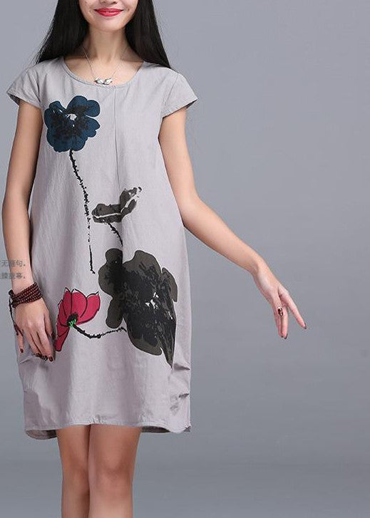 New Fashion Summer Arts style High Quality cotton linen Loose casual Women Dresses Vintage Ink Printing Short sleeve Dress - CelebritystyleFashion.com.au online clothing shop australia