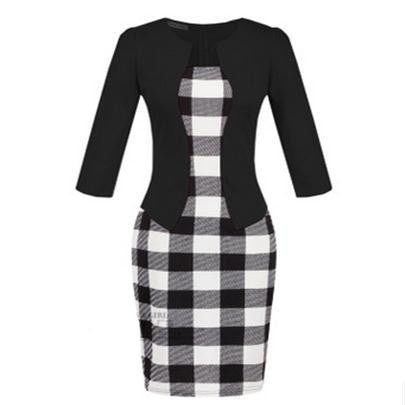 Women Fashion Autumn Spring Style Faux Two Piece Elegant Plaid Long Sleeve Pencil Dresses Office Wear Work Outfits S122 - CelebritystyleFashion.com.au online clothing shop australia