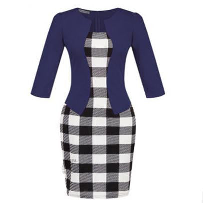 Women Fashion Autumn Spring Style Faux Two Piece Elegant Plaid Long Sleeve Pencil Dresses Office Wear Work Outfits S122 - CelebritystyleFashion.com.au online clothing shop australia