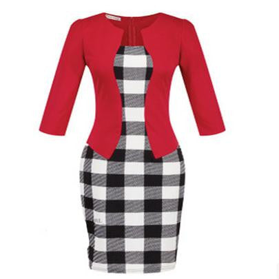 Women Fashion Autumn Spring Style Faux Two Piece Elegant Plaid Long Sleeve Pencil Dresses Office Wear Work Outfits S122 - CelebritystyleFashion.com.au online clothing shop australia