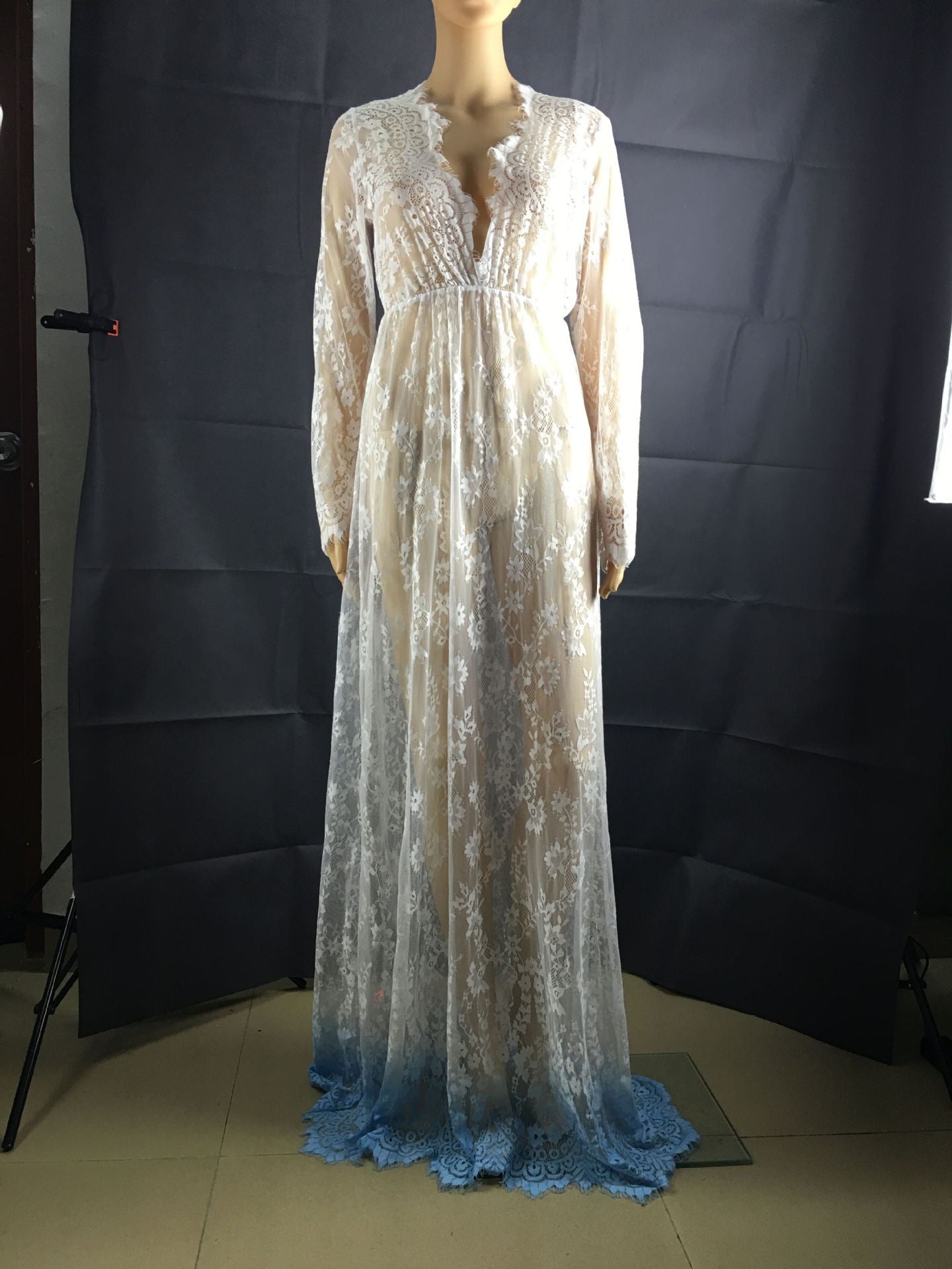 Maxi Plus Size Women Floor-Length Black White Autumn Lace Dress Adjust Waist Sexy See Through Floral Vestido DR5046 - CelebritystyleFashion.com.au online clothing shop australia
