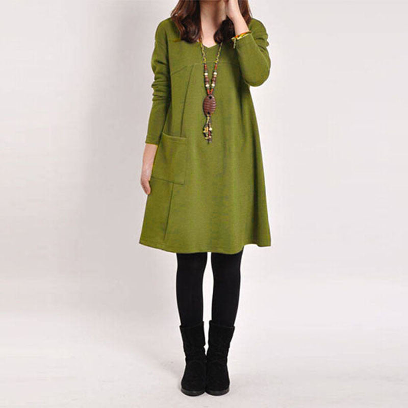 5 Color Autumn Women Long Sleeve Pockets Dress Ladies Casual Loose Solid V Neck Dresses Plus Size - CelebritystyleFashion.com.au online clothing shop australia