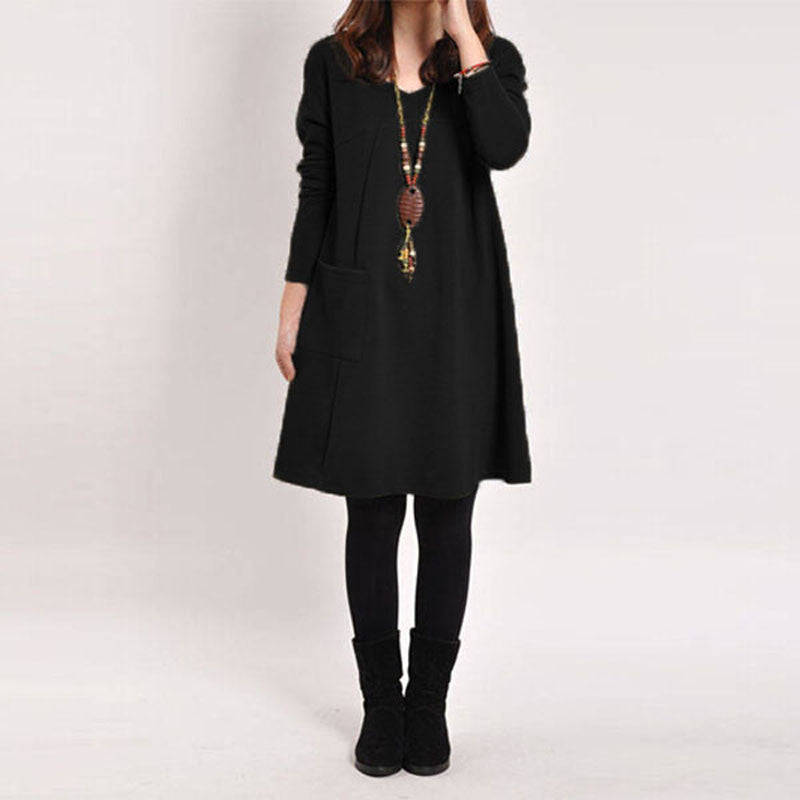 5 Color Autumn Women Long Sleeve Pockets Dress Ladies Casual Loose Solid V Neck Dresses Plus Size - CelebritystyleFashion.com.au online clothing shop australia