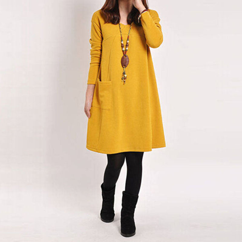 5 Color Autumn Women Long Sleeve Pockets Dress Ladies Casual Loose Solid V Neck Dresses Plus Size - CelebritystyleFashion.com.au online clothing shop australia