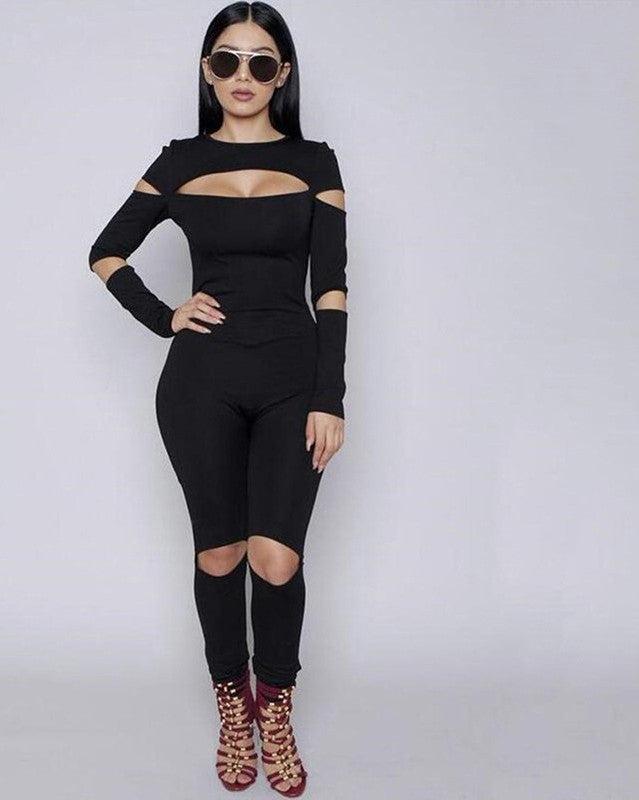 Women Bodycon Jumpsuit Long Sleeve Hollow Out Fahion Sexy Club Overalls Bodysuit Rompers Womens Jumpsuits - CelebritystyleFashion.com.au online clothing shop australia