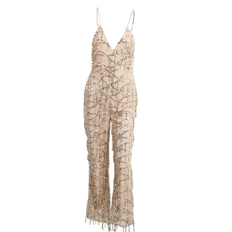 Gold sequin tassel elegant jumpsuit romper Summer sexy mesh club overalls Women v neck fringe sling playsuit - CelebritystyleFashion.com.au online clothing shop australia