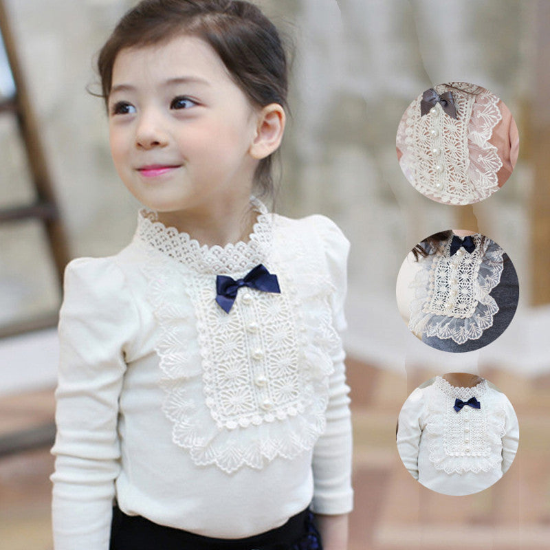 Autumn Longsleeve Cotton T-shirt Girls Top Fashion Baby Kids Clothes With Lace And Bowknot Korean Style Children Girl Tops - CelebritystyleFashion.com.au online clothing shop australia