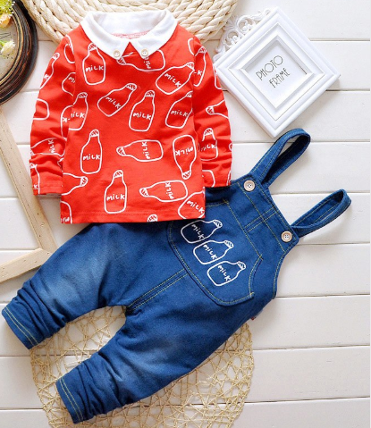 Baby Boys Clothing set Suit Overalls Gentleman long-sleeved shirt + pants 2pcs Denim jeans Kids