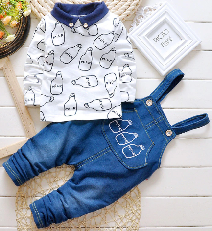 Baby Boys Clothing set Suit Overalls Gentleman long-sleeved shirt + pants 2pcs Denim jeans Kids