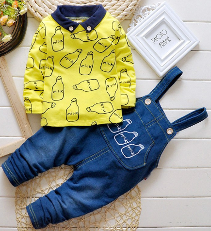 Baby Boys Clothing set Suit Overalls Gentleman long-sleeved shirt + pants 2pcs Denim jeans Kids